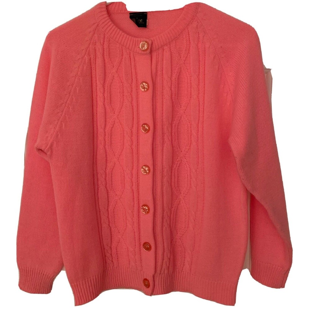 Vintage Lee Brand Cardigan Sweater Hot Pink Acrylic Button Long Sleeve Sz 7   S